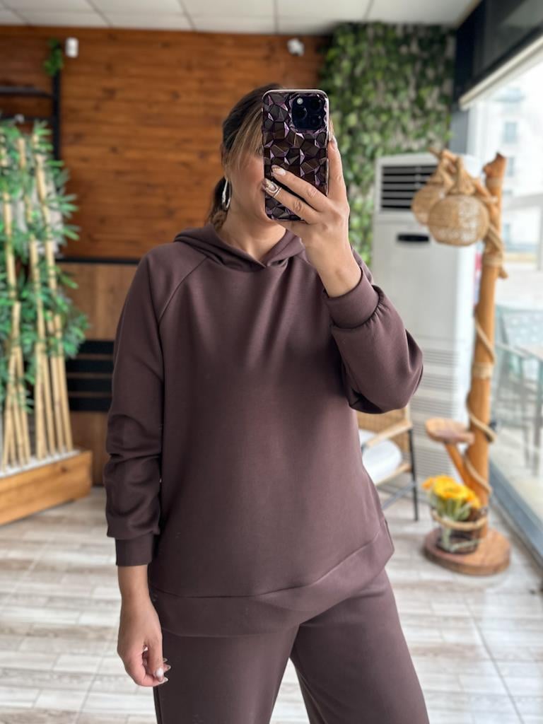 Premium Modal Kumaş Kapşonlu Paça Düğme Detay Takım Kahverengi