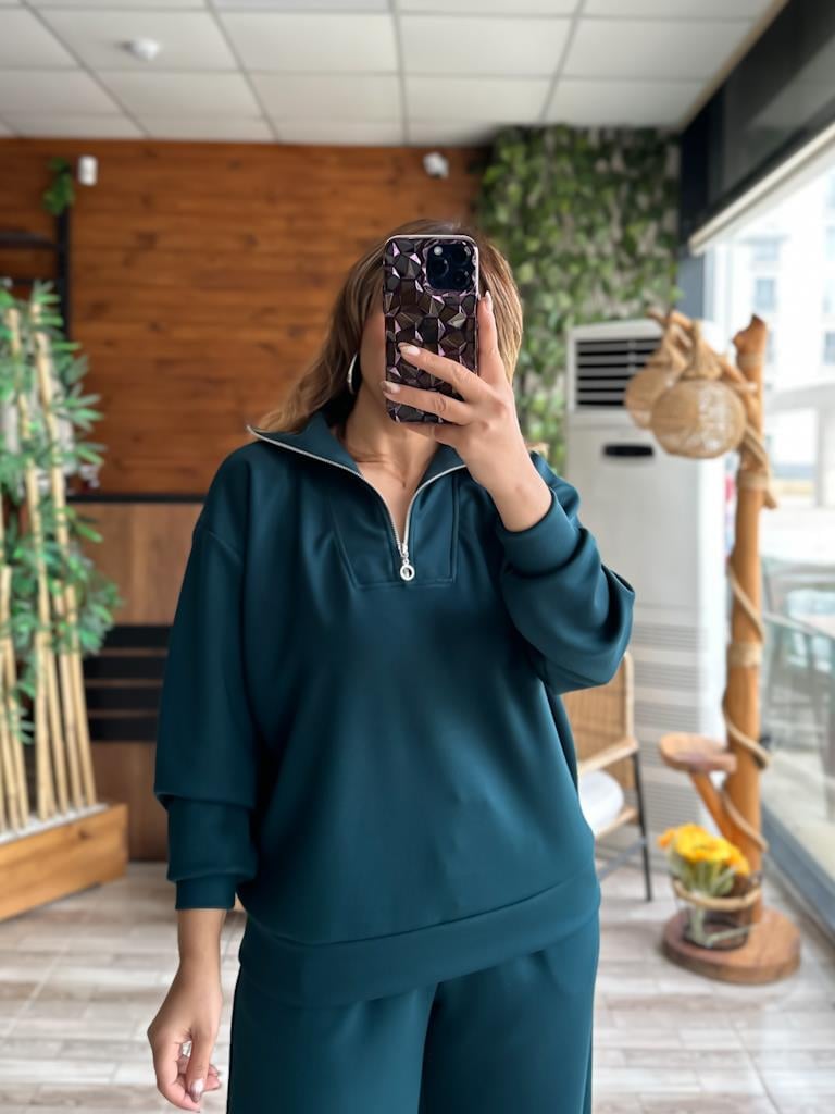Premium Modal Kumaş Palazzo Fermuarlı Takım Zümrüt Yeşil