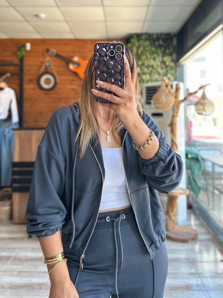 Premium Modal Oys Kumaş Fermuarlı Kapşonlu Takım Füme