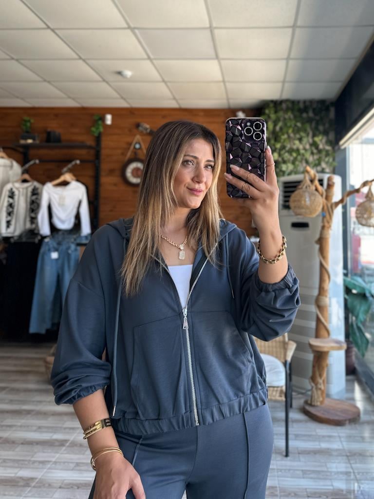 Premium Modal Oys Kumaş Fermuarlı Kapşonlu Takım Füme