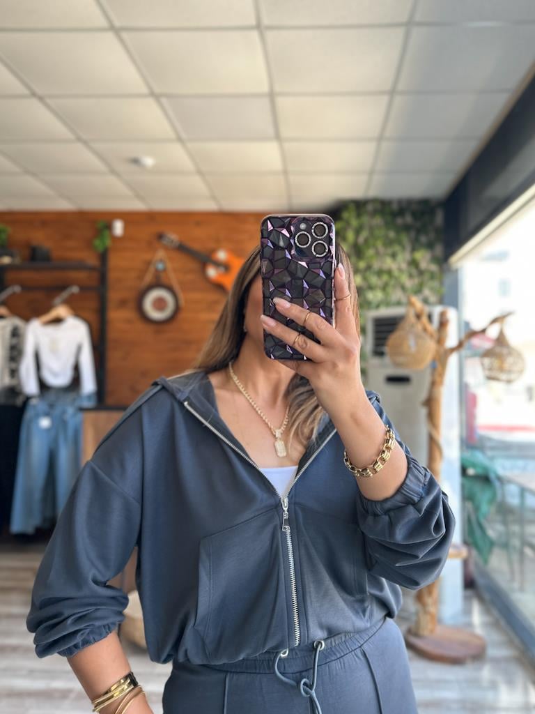 Premium Modal Oys Kumaş Fermuarlı Kapşonlu Takım Füme