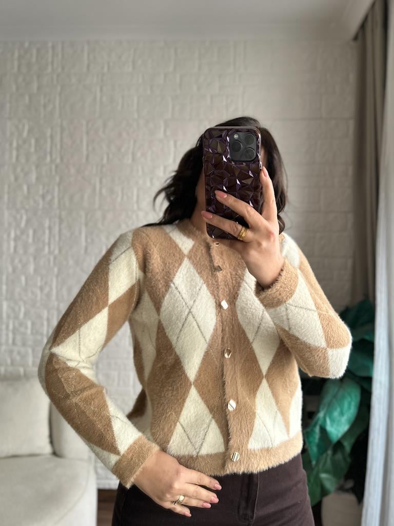 Premium Model Sim Çizgi Detay Baklava Desenli Hırka Camel