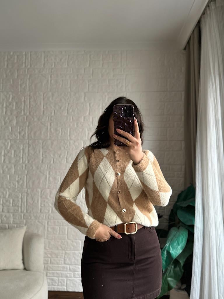 Premium Model Sim Çizgi Detay Baklava Desenli Hırka Camel