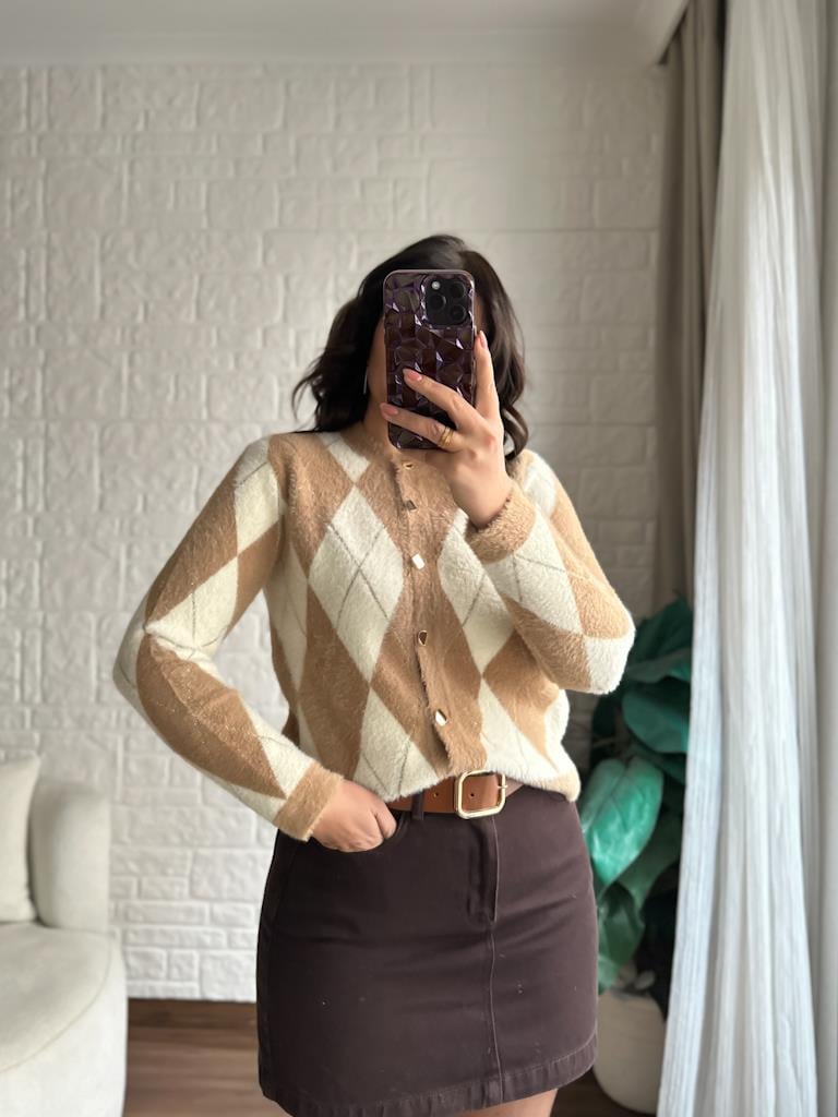 Premium Model Sim Çizgi Detay Baklava Desenli Hırka Camel