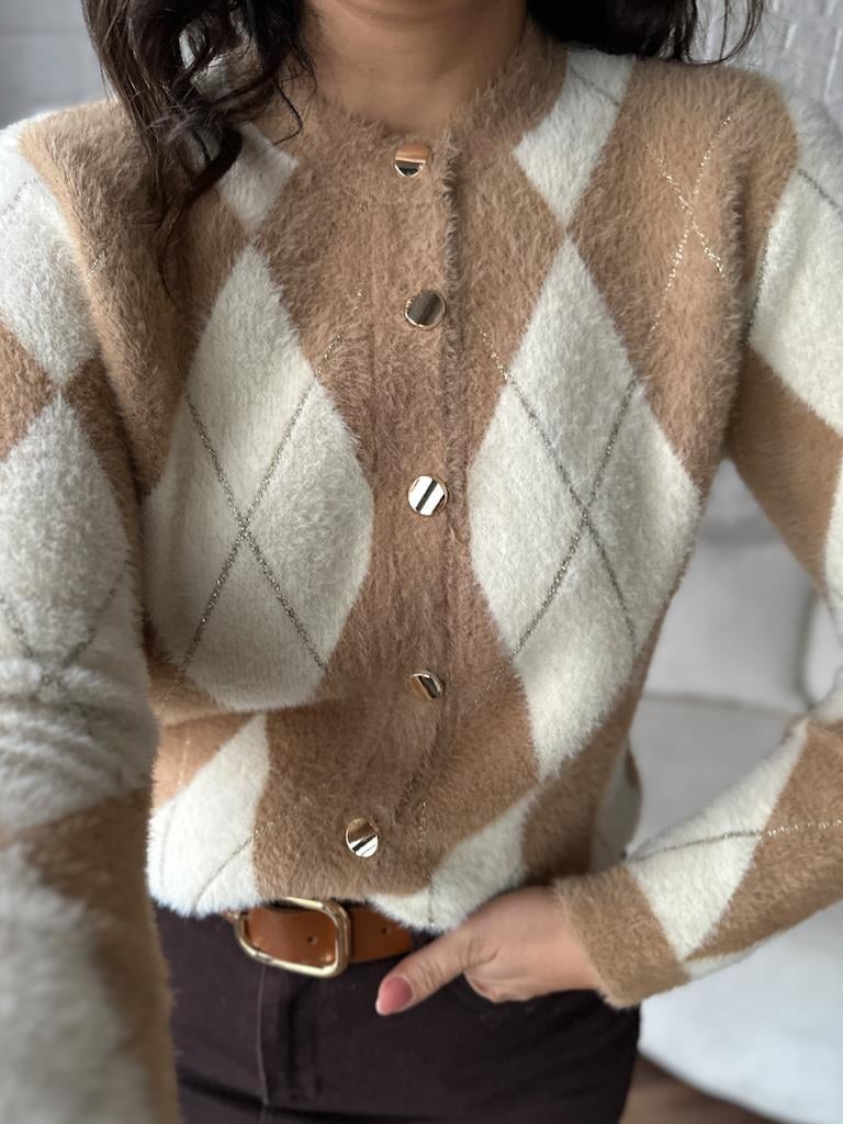 Premium Model Sim Çizgi Detay Baklava Desenli Hırka Camel