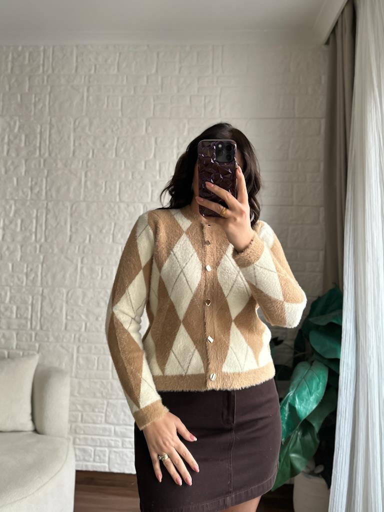 Premium Model Sim Çizgi Detay Baklava Desenli Hırka Camel