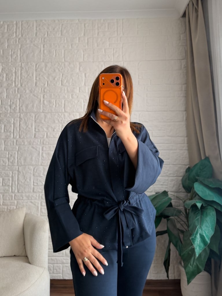 Premium Önü Bağlamalı Taşlı Tok Modal Takım Lacivert