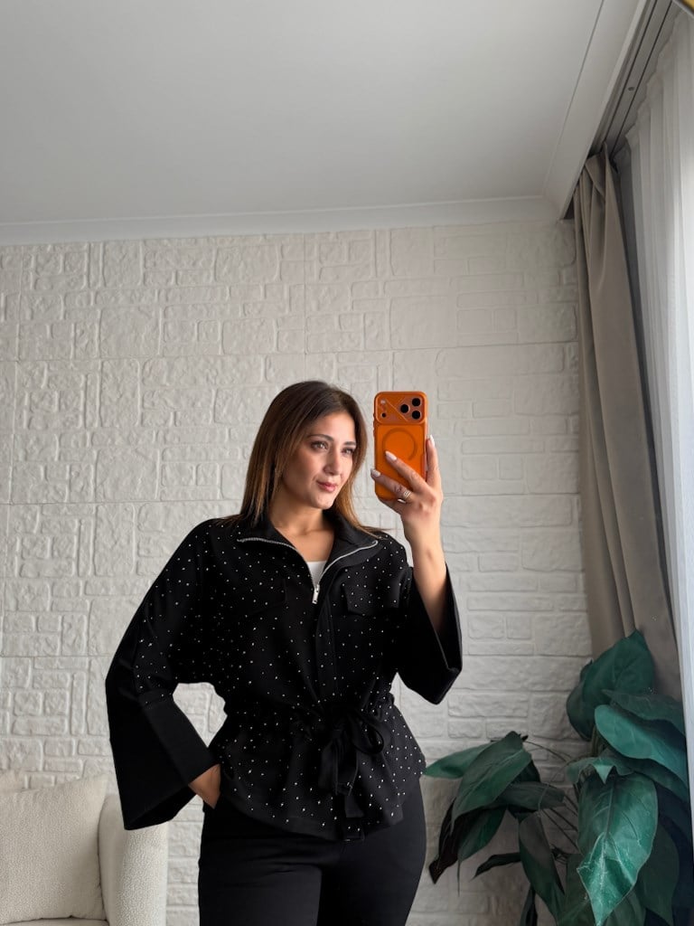 Premium Önü Bağlamalı Taşlı Tok Modal Takım Siyah