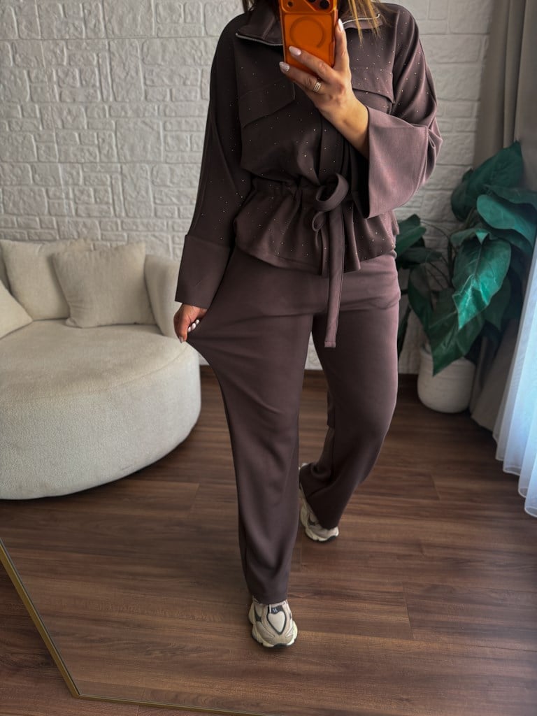 Premium Önü Bağlamalı Taşlı Tok Modal Takım Kahverengi