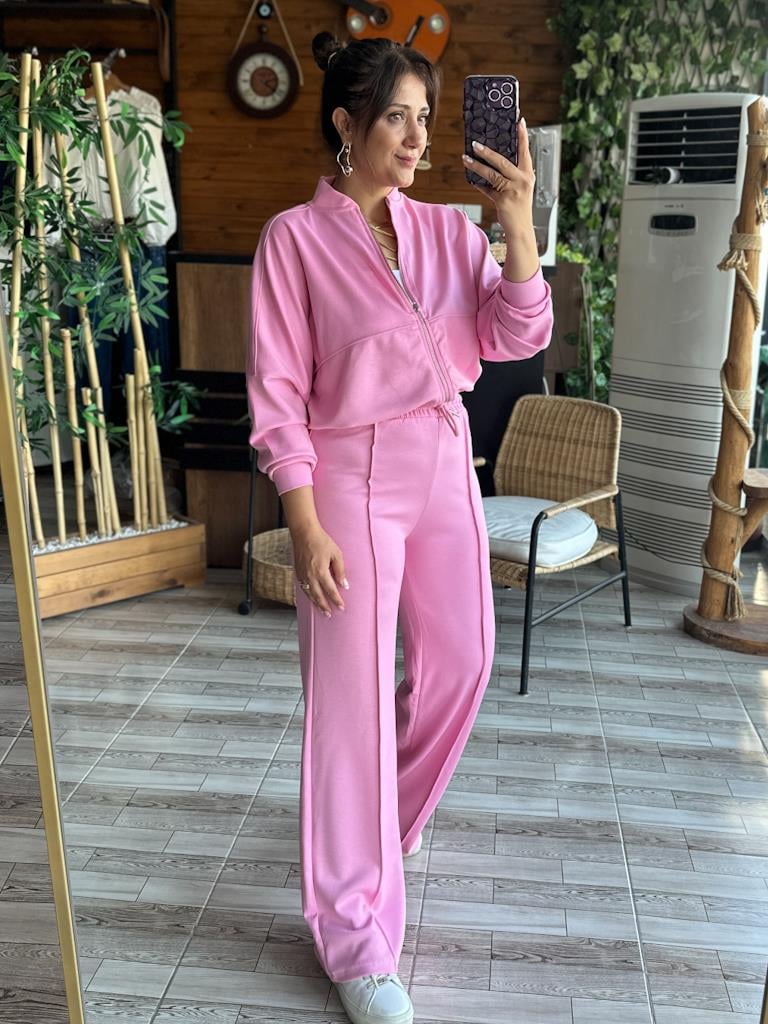 Premium Oysh Kumaş Fermuarlı Palazzo Takım Pembe