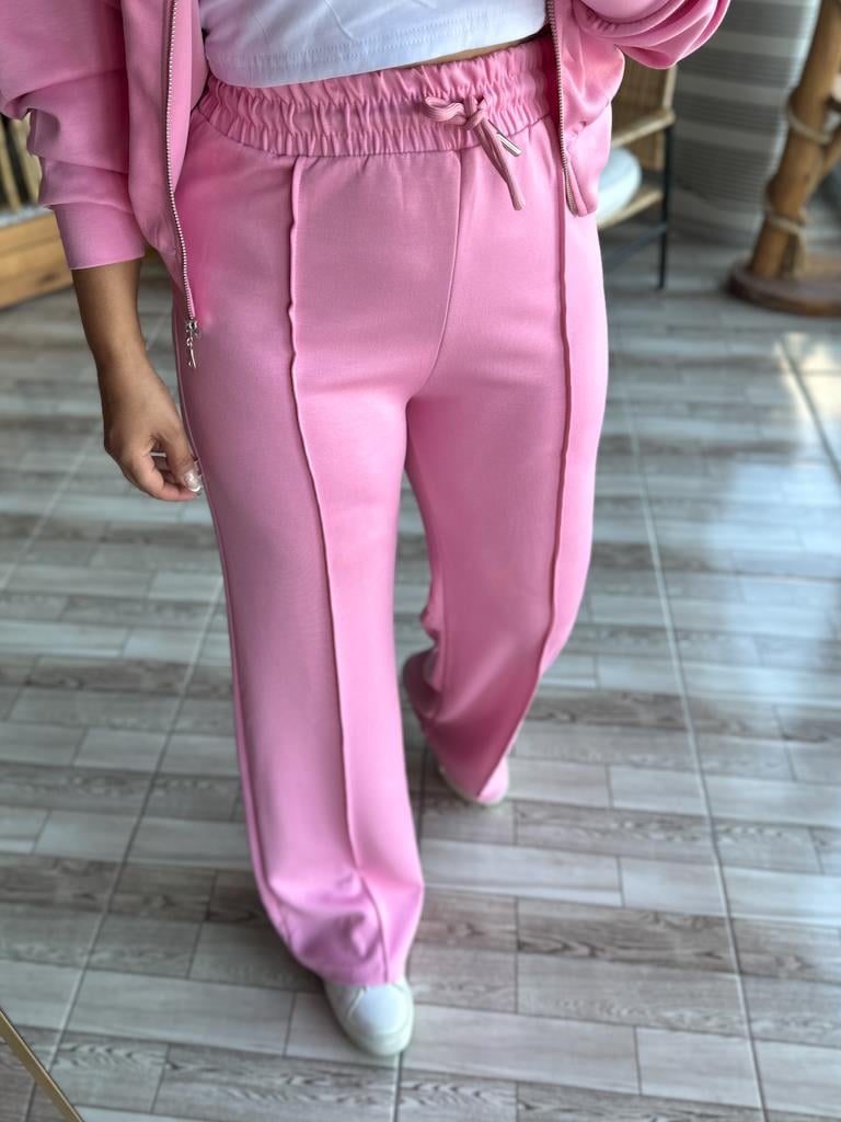 Premium Oysh Kumaş Fermuarlı Palazzo Takım Pembe