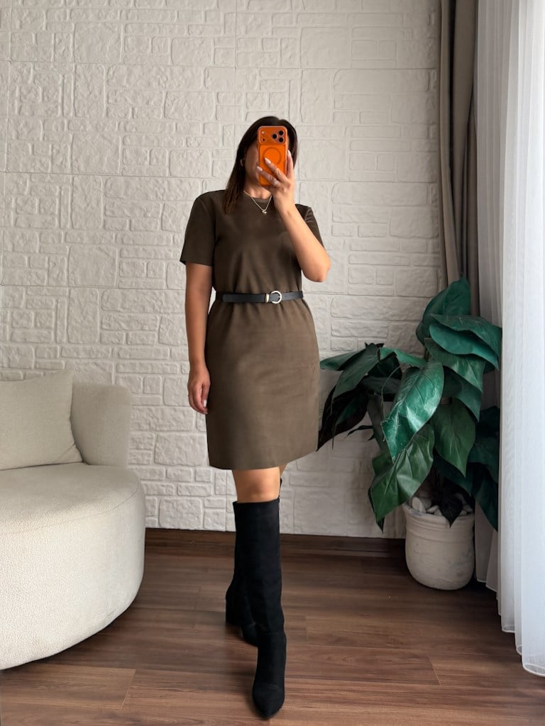 Premium Özel Üretim Nubuk Elbise Haki Yeşil