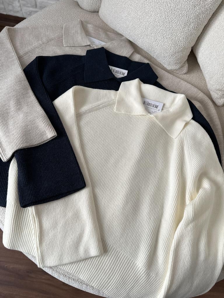 Premium Polo Yaka Triko Kazak Ekru