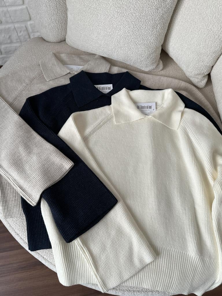 Premium Polo Yaka Triko Kazak Ekru