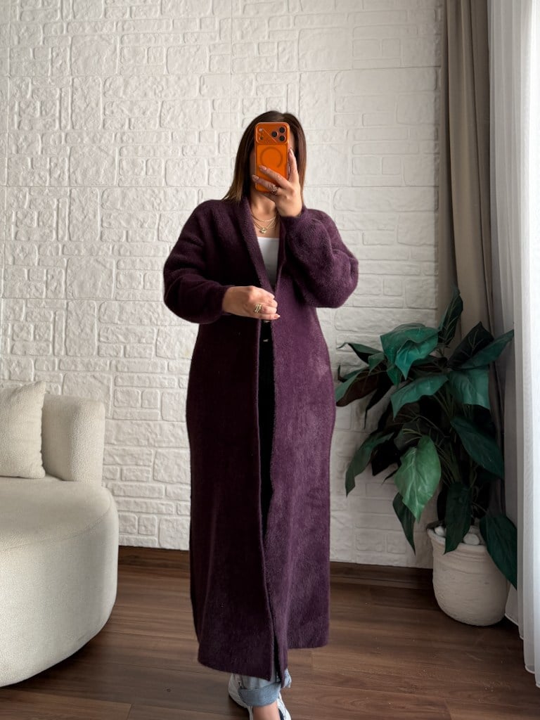 Premium Seri Angora Şal Yaka Maxi Boy Hırka Mor