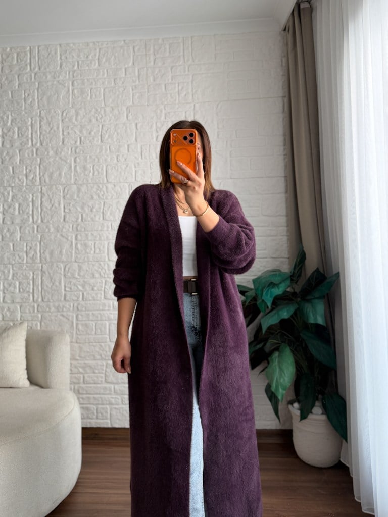 Premium Seri Angora Şal Yaka Maxi Boy Hırka Mor