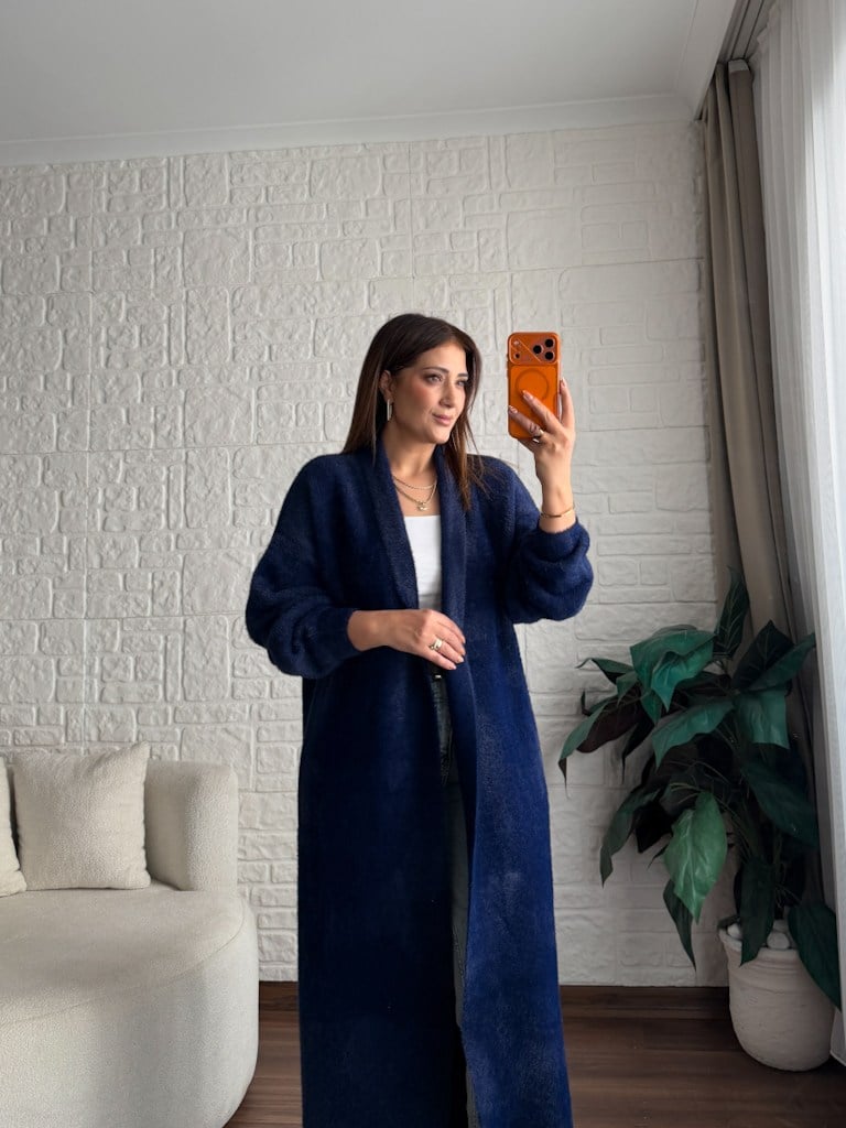 Premium Seri Angora Şal Yaka Maxi Boy Hırka Lacivert