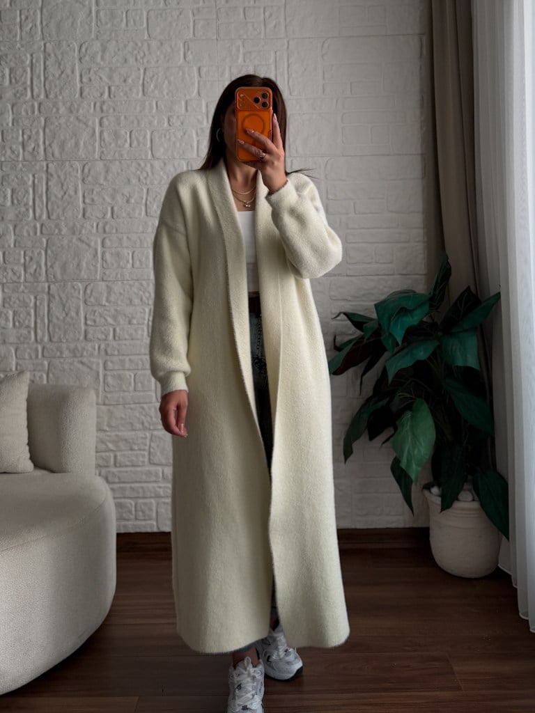 Premium Seri Angora Şal Yaka Maxi Boy Hırka Ekru