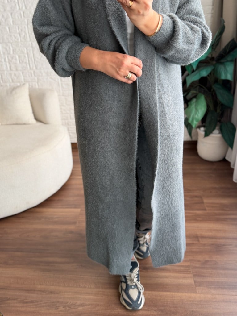 Premium Seri Angora Şal Yaka Maxi Boy Hırka Füme