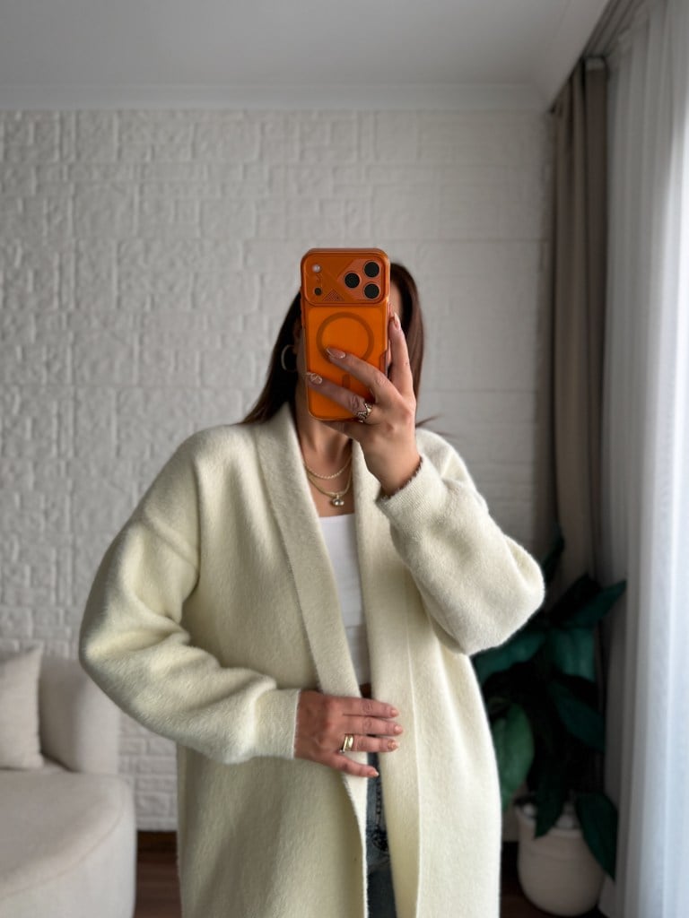 Premium Seri Angora Şal Yaka Maxi Boy Hırka Ekru