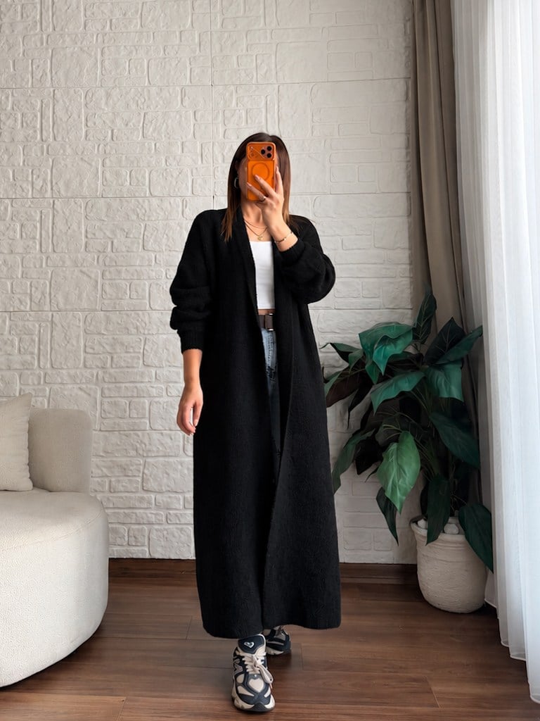 Premium Seri Angora Şal Yaka Maxi Boy Hırka Siyah