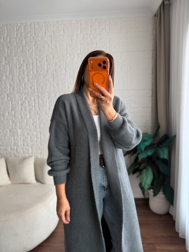 Premium Seri Angora Şal Yaka Maxi Boy Hırka Füme