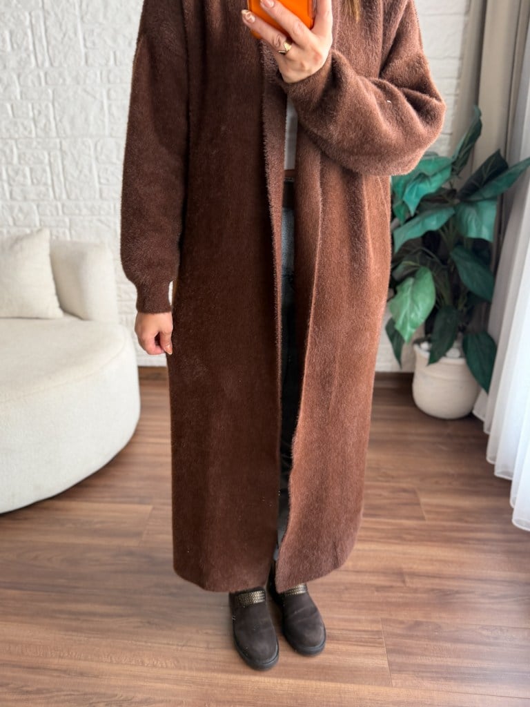 Premium Seri Angora Şal Yaka Maxi Boy Hırka Kahverengi