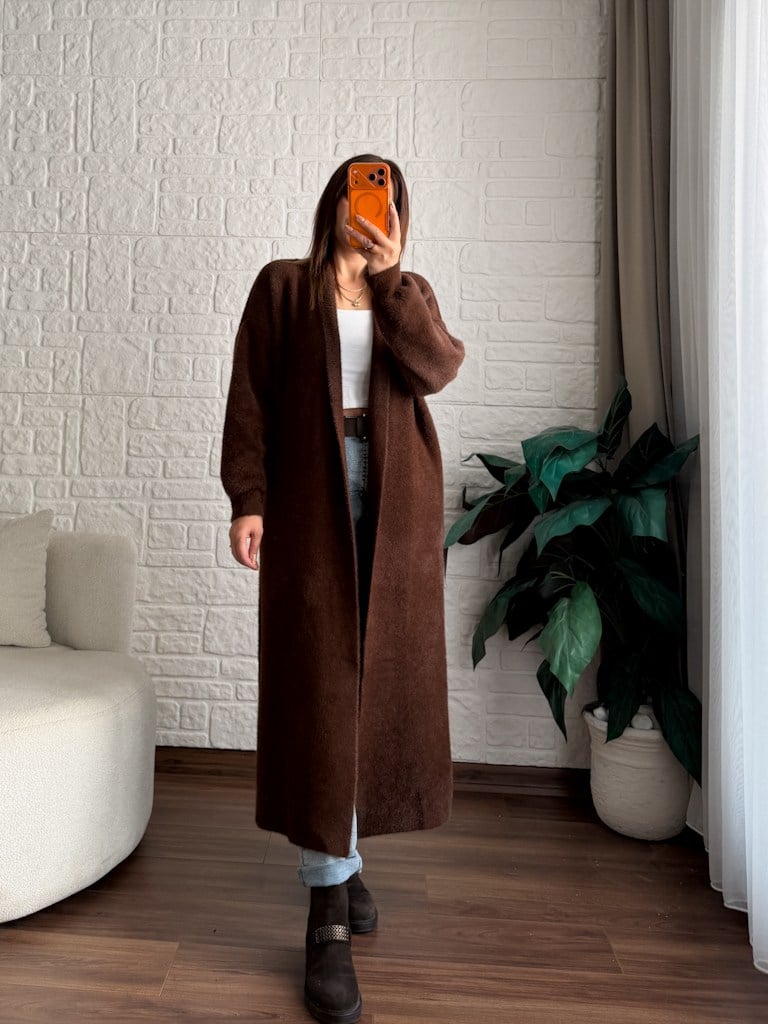 Premium Seri Angora Şal Yaka Maxi Boy Hırka Kahverengi