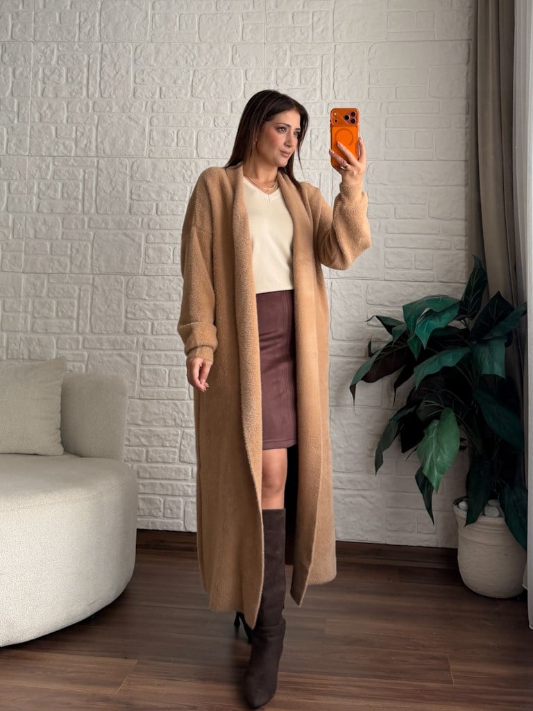 Premium Seri Angora Şal Yaka Maxi Boy Hırka Camel