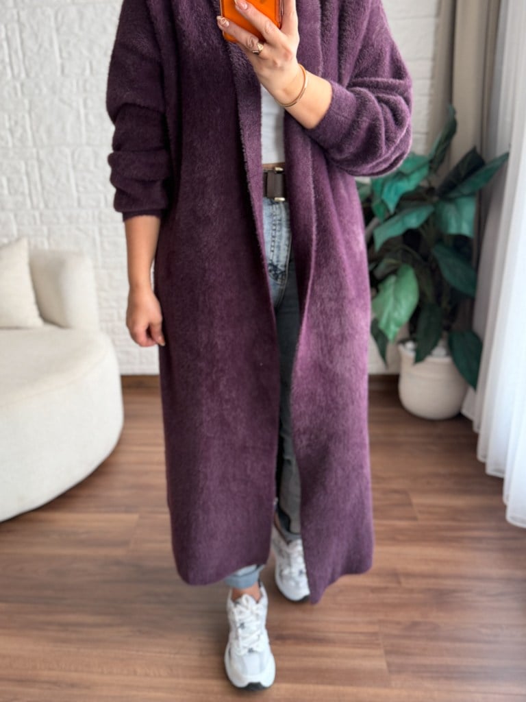 Premium Seri Angora Şal Yaka Maxi Boy Hırka Mor