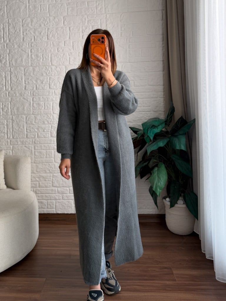 Premium Seri Angora Şal Yaka Maxi Boy Hırka Füme