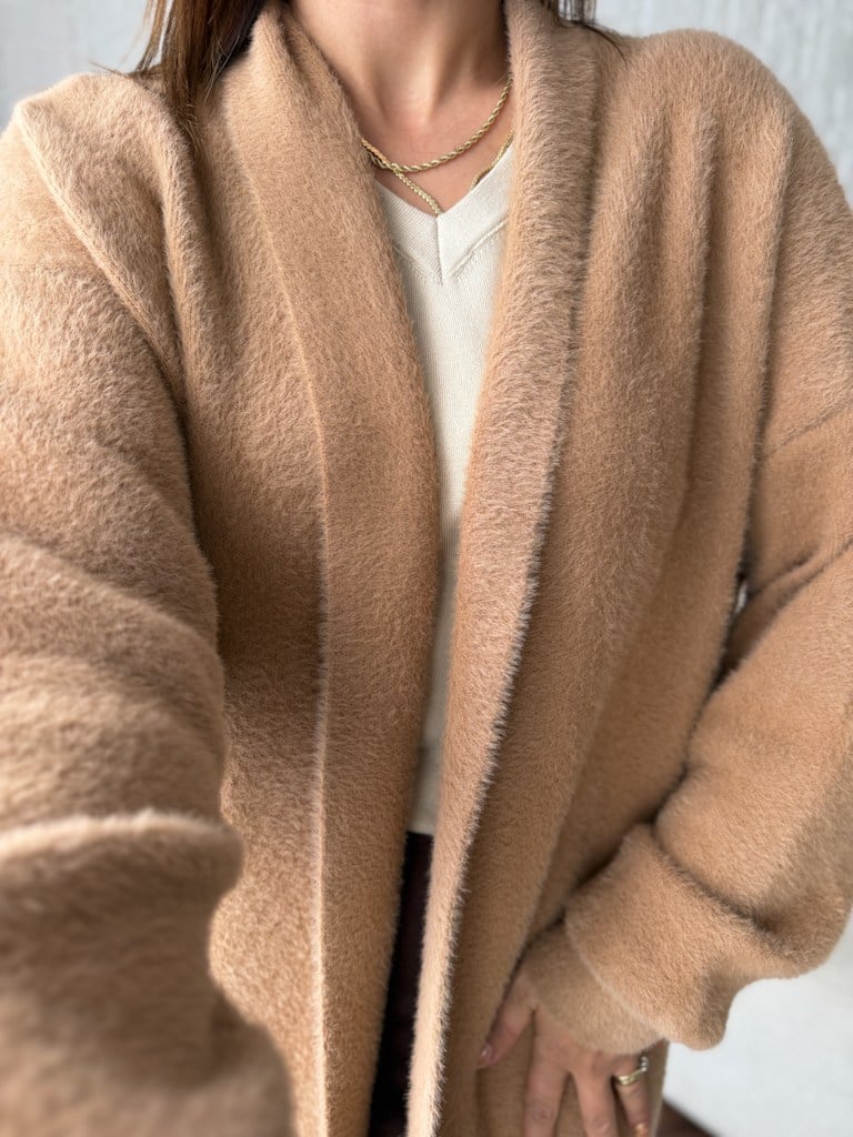 Premium Seri Angora Şal Yaka Maxi Boy Hırka Camel