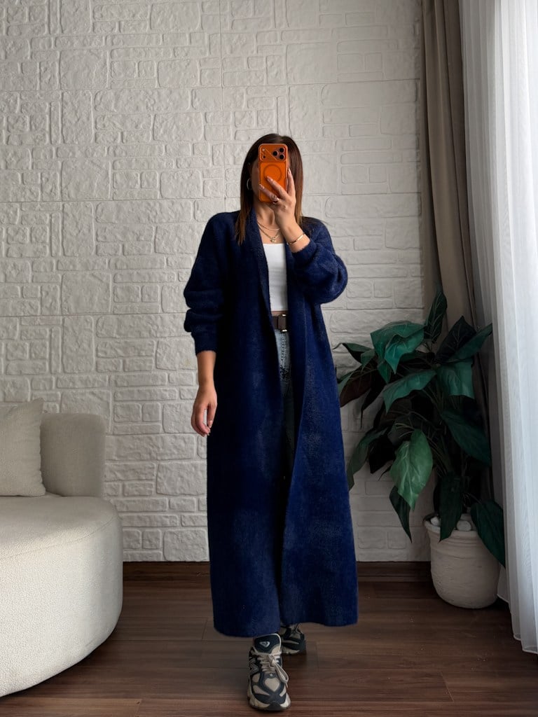 Premium Seri Angora Şal Yaka Maxi Boy Hırka Lacivert