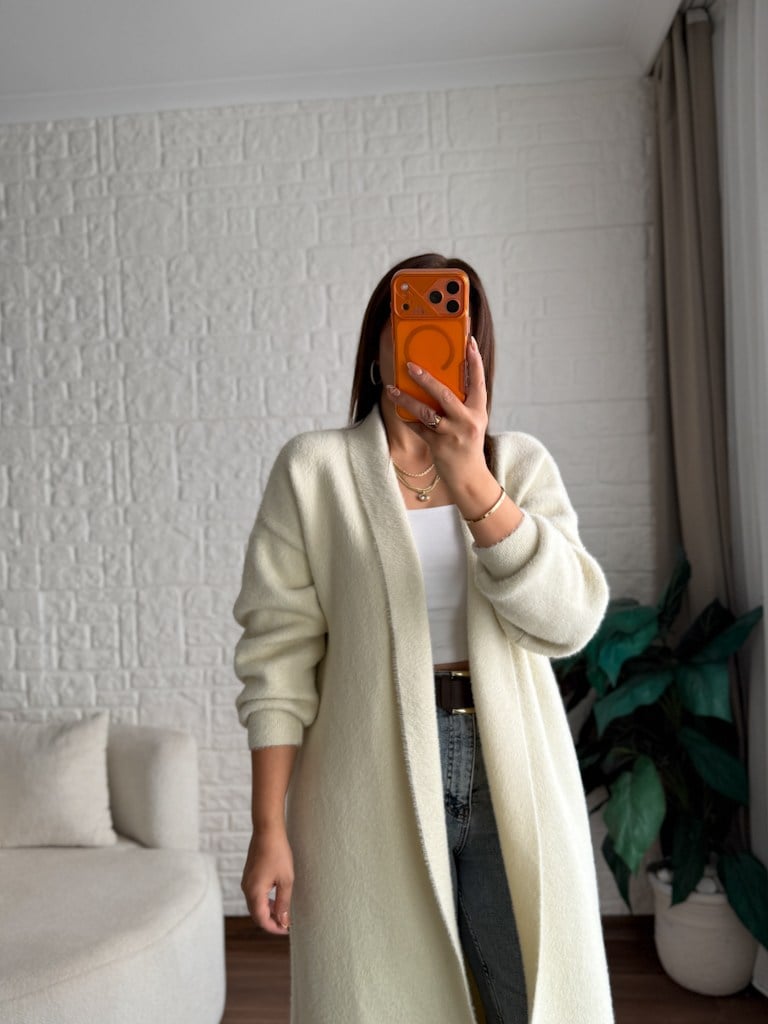 Premium Seri Angora Şal Yaka Maxi Boy Hırka Ekru