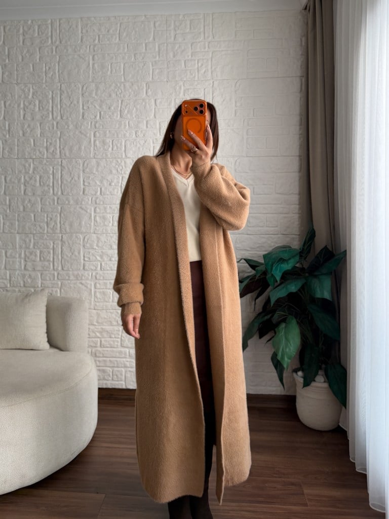 Premium Seri Angora Şal Yaka Maxi Boy Hırka Camel