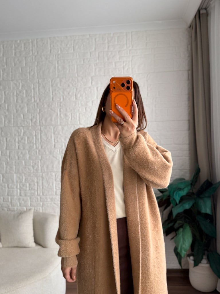 Premium Seri Angora Şal Yaka Maxi Boy Hırka Camel