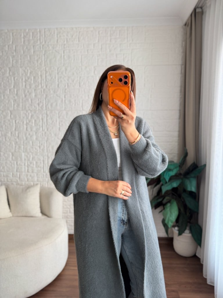 Premium Seri Angora Şal Yaka Maxi Boy Hırka Füme