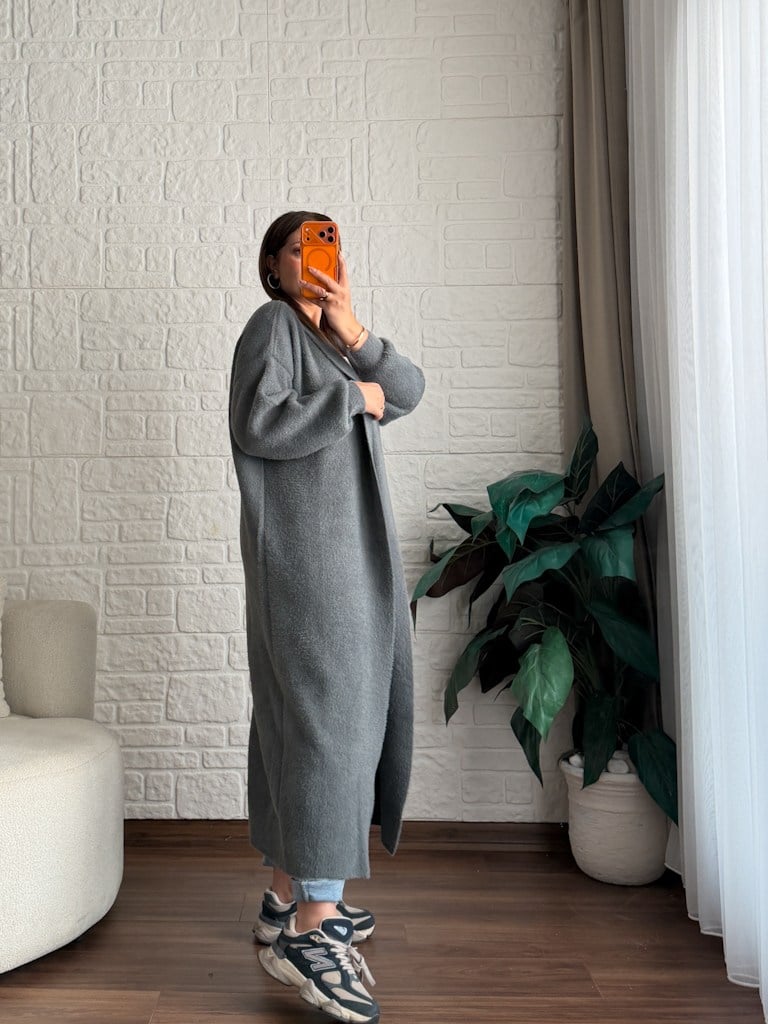 Premium Seri Angora Şal Yaka Maxi Boy Hırka Füme
