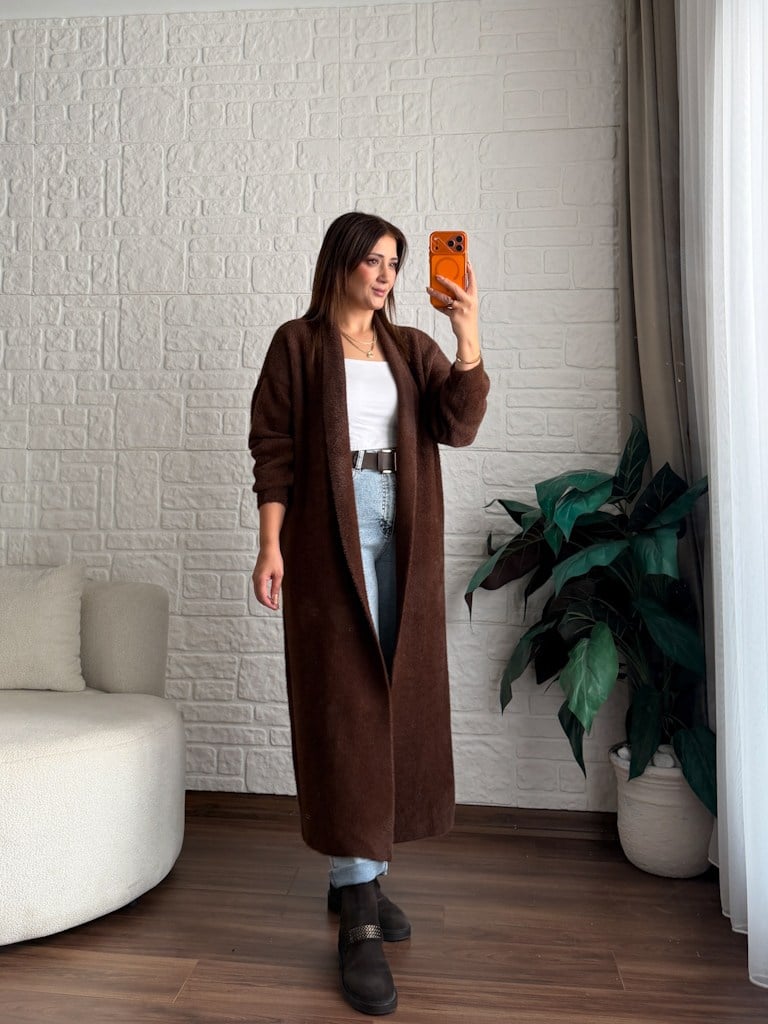 Premium Seri Angora Şal Yaka Maxi Boy Hırka Kahverengi