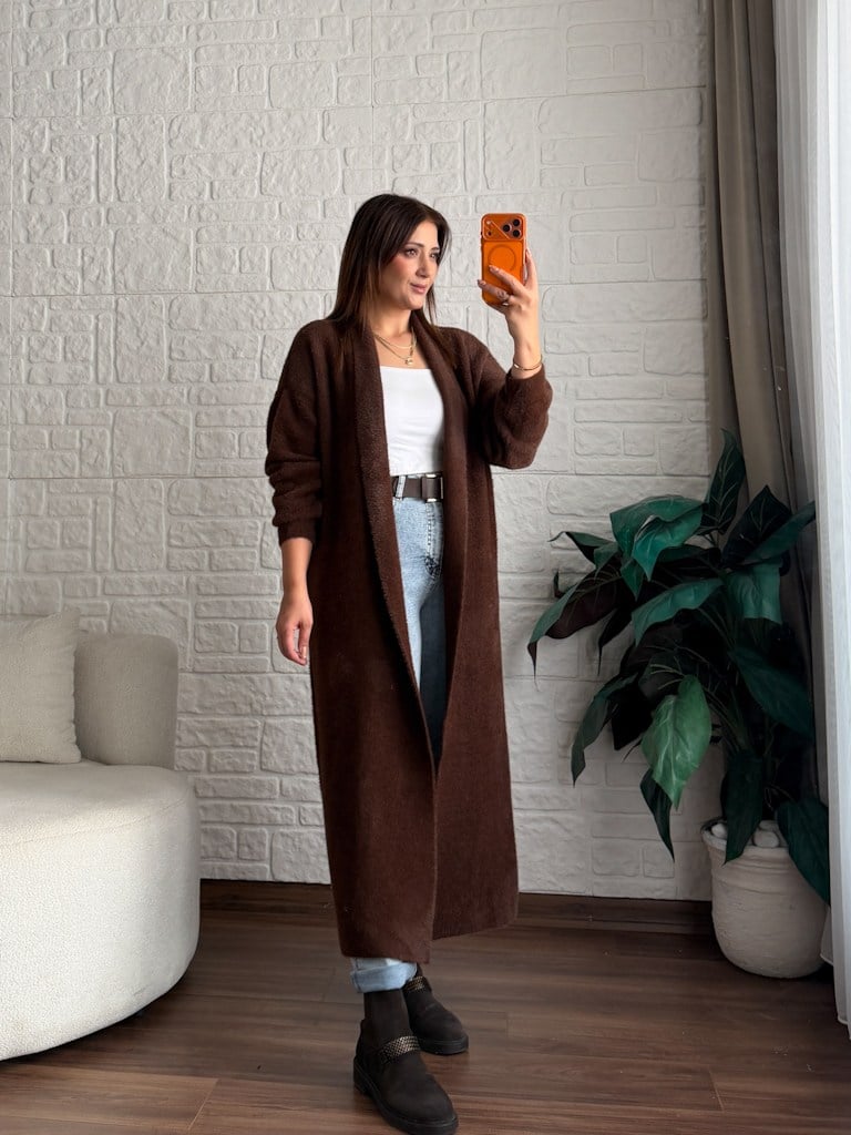 Premium Seri Angora Şal Yaka Maxi Boy Hırka Kahverengi