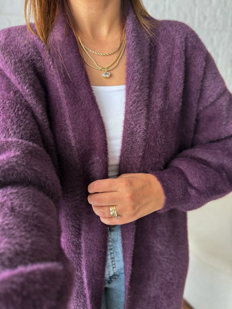 Premium Seri Angora Şal Yaka Maxi Boy Hırka Mor