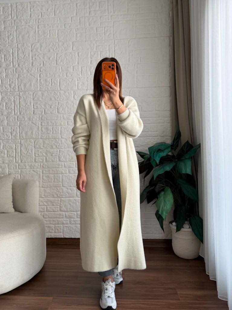 Premium Seri Angora Şal Yaka Maxi Boy Hırka Ekru