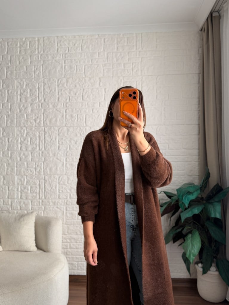 Premium Seri Angora Şal Yaka Maxi Boy Hırka Kahverengi