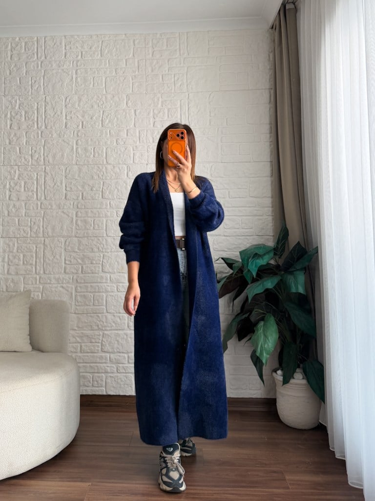 Premium Seri Angora Şal Yaka Maxi Boy Hırka Lacivert
