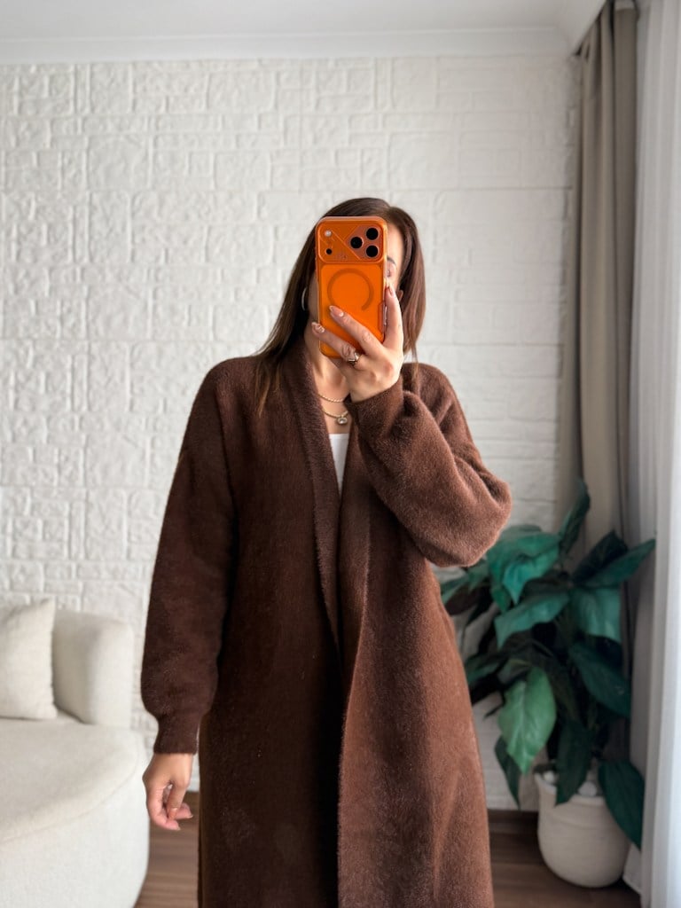 Premium Seri Angora Şal Yaka Maxi Boy Hırka Kahverengi