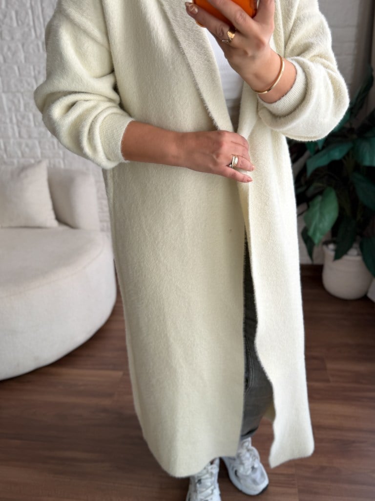Premium Seri Angora Şal Yaka Maxi Boy Hırka Ekru