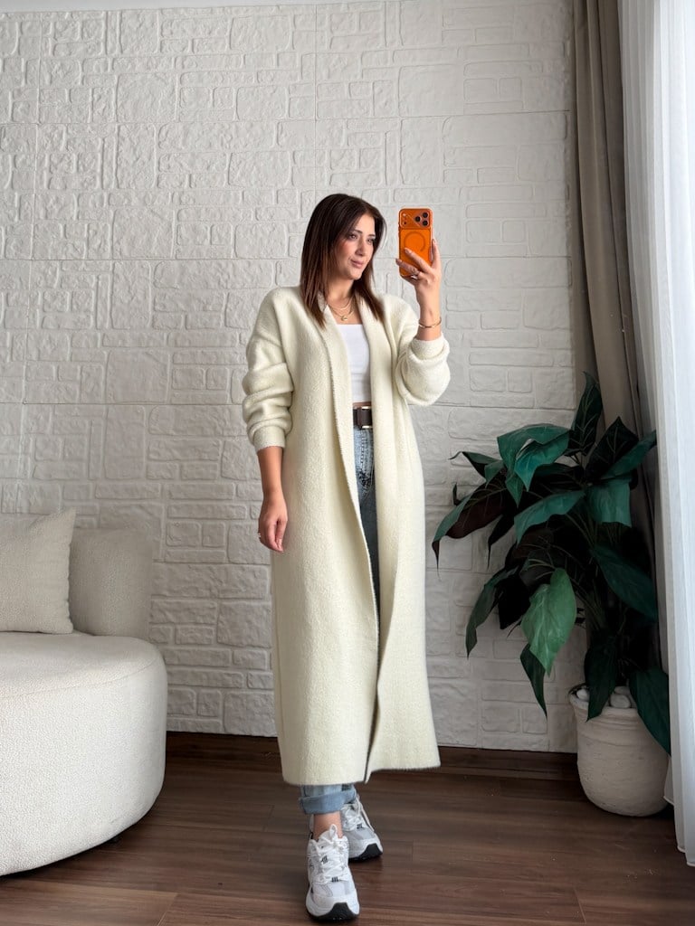 Premium Seri Angora Şal Yaka Maxi Boy Hırka Ekru