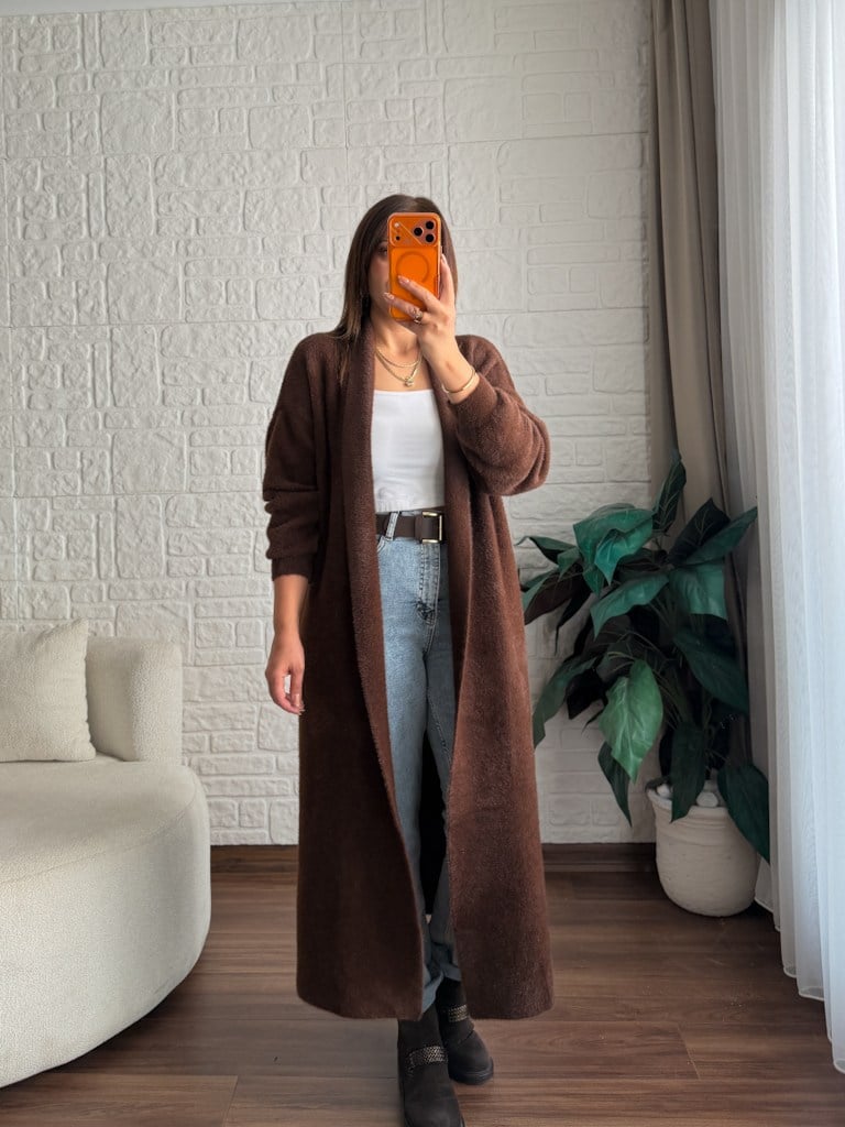 Premium Seri Angora Şal Yaka Maxi Boy Hırka Kahverengi
