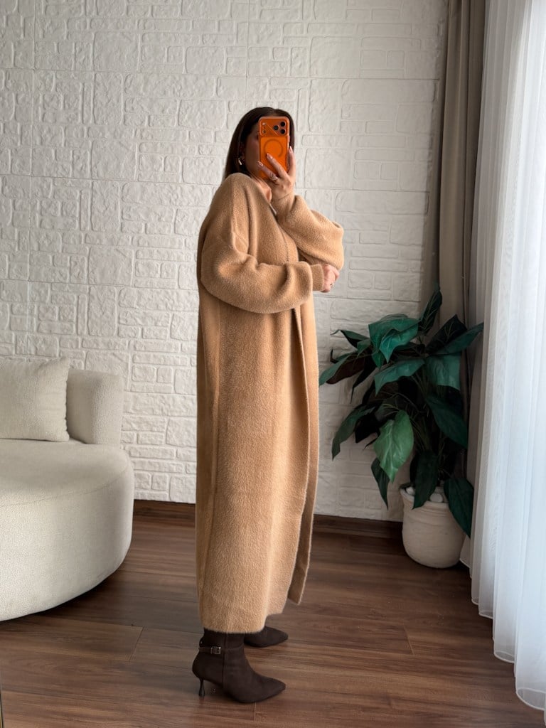 Premium Seri Angora Şal Yaka Maxi Boy Hırka Camel