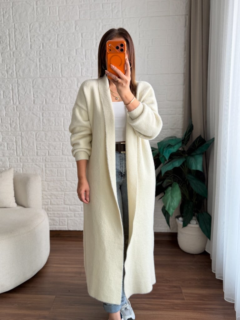 Premium Seri Angora Şal Yaka Maxi Boy Hırka Ekru